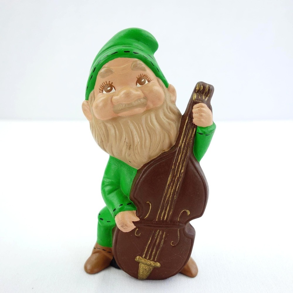 Vintage 1975 Ceramic Fairy Gardenโ Gnome Playing Bass Cello Hand Painted 5 1/2"